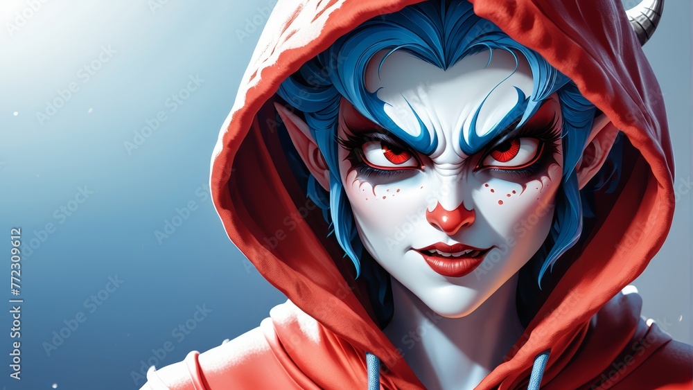   A close-up of a person wearing a red hoodie with a demon emblem on it