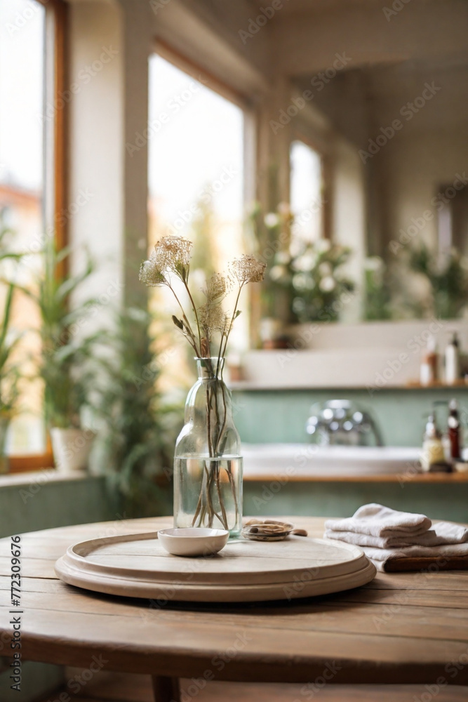 Natural wooden tabletop for product display in bathroom on background
