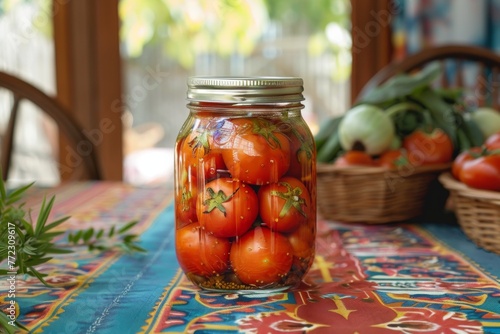 a jar of pickled tomatoes on table