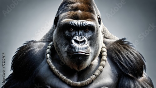  A close-up of a gorilla wearing a necklace and adorned with a necklace of beads