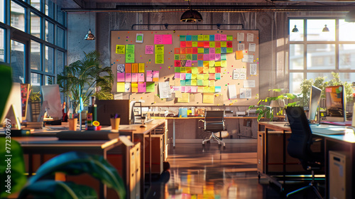 Open Office inner city work place large board with post it stickers