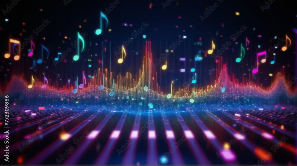 musical notes, colored lines, and trailing music note motifs musical notes, colored lines, and trailing music note motifs
