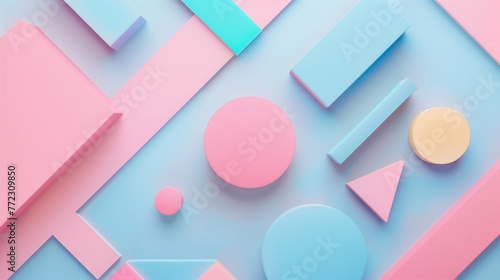 Top View of Colorful Pastel Geometric Shapes on Blue Background, Minimal Modern Abstract Layout for Creative Branding and Copy Space