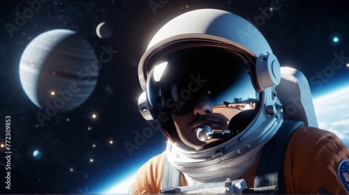   A man in an astronaut helmet stands before a space station Behind him, planets and stars fill the backdrop