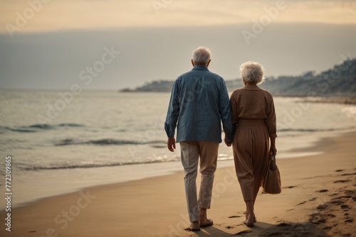 Elegant Elderly senior woman and man loving couple walking on beach at summer