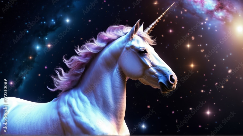 A white unicorn with a pink mane stands before a star-filled night sky, its backdrop a distant galaxy A white unicorn with a pink mane stands before a star-filled night sky, its backdrop a distant galaxy