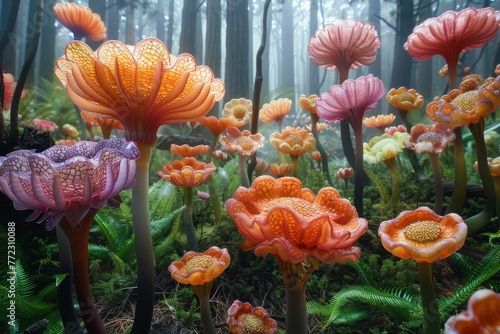 The vibrant colors of a fantastical garden blooming with alien flowers