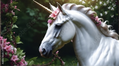   A white unicorn adorned with a flower crown stands before a pink flower forest © Janis