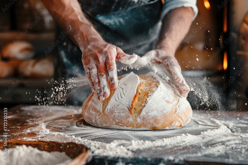 Baker is making bread with mess of flour