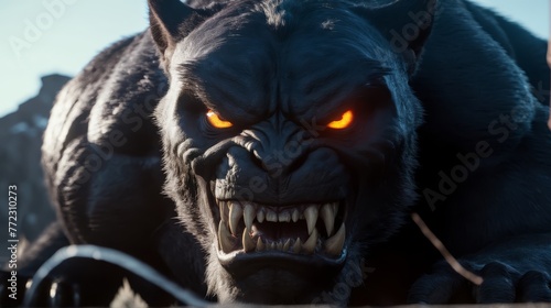   A tight shot of a demonic-looking beast with glowing eyes and a sneering grin