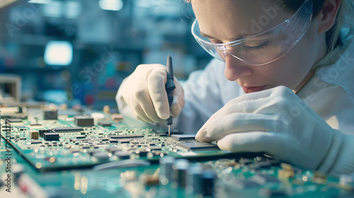 Engineer. Worker in production assembling electronic boards.