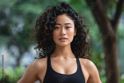 beautiful asian sporty fitness woman with dark curly hair portrait