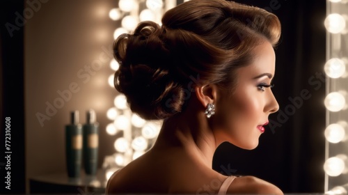  A woman stands in front of a mirror with lights illuminating behind her, her hair tucked neatly into a bun