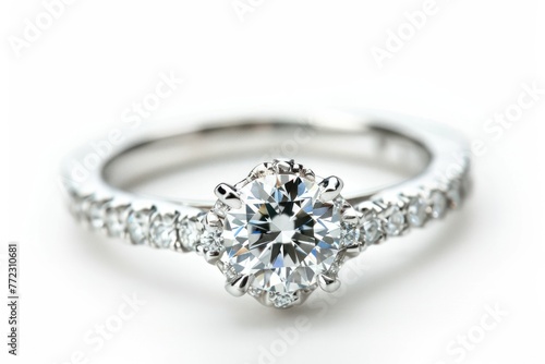 beautiful engagement ring with a huge centered diamond on white background