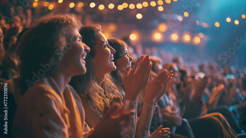 Audience applauds and laughs at the concert. Viewers of a comedy show.