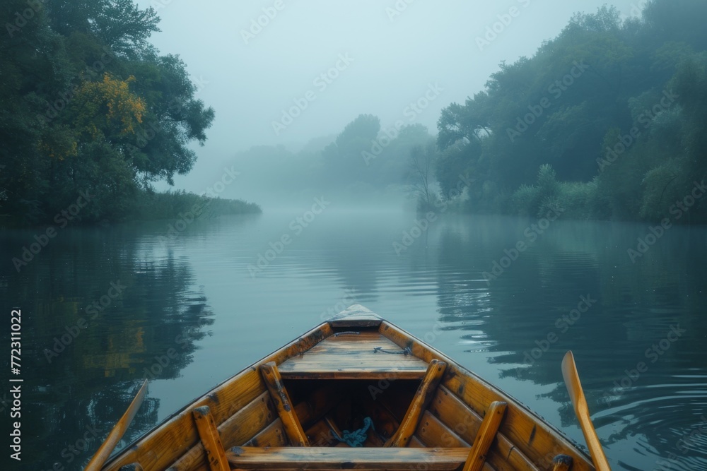 A wooden boat floats on a foggy river