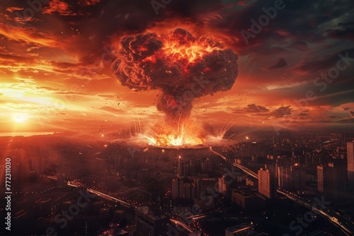 big nuclear explosion mushroom cloud over city