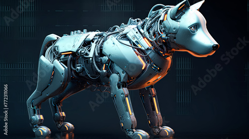 A dog with a robotic face is standing in front of a cityscape.