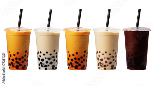Various Bubble Tea or Boba on white isolated on clear png background and transparent background. food drink and dessert concept for cafe and restaurent, AI generative.	