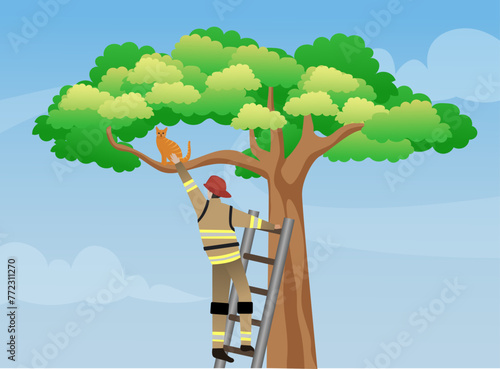 firefighters rescue a cat in a tree vector illustration, a fireman in protective suit reaches the cat with ladder