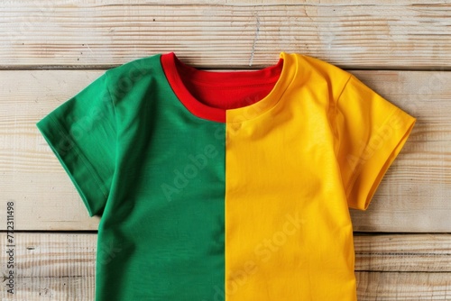 blank yellow and green and red t-shirt flatlay mockup on wooden background