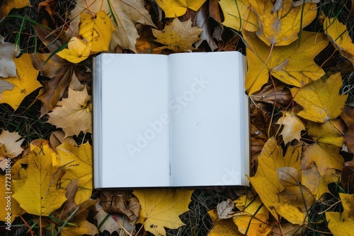 book white empty pages on leaves of autumn concept