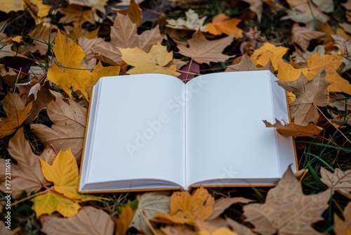 book white empty pages on leaves of autumn concept