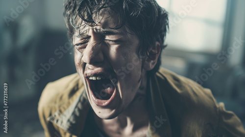 Young man in agony, screaming with tears and dirt on his face. photo
