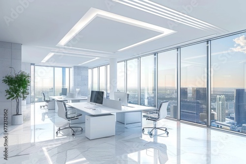 Bright modern office with white desks, chairs, panel lights, and large windows