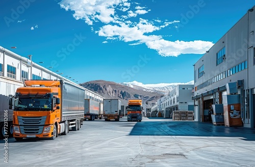 "Industrial Warehouse with Parked Trucks"