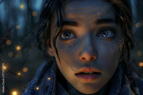 A woman with long dark hair and blue eyes is looking at the camera. The image has a moody and mysterious feel to it, as if the woman is lost in thought or contemplating something