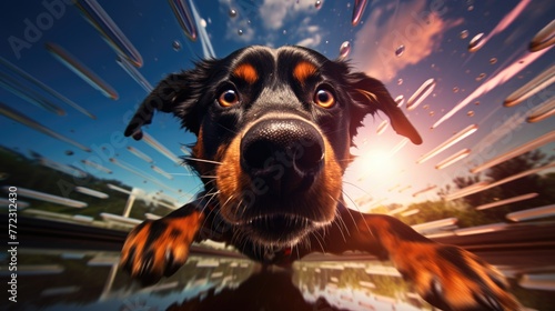 Hund mit intensiven Augen vor futuristischem Hintergrund photo