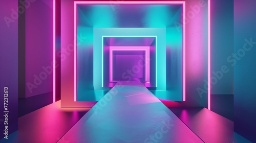 Futuristic Neon Tunnel with Glowing Lights in Blue and Pink, Abstract 3D Corridor, Modern Digital Art Background
