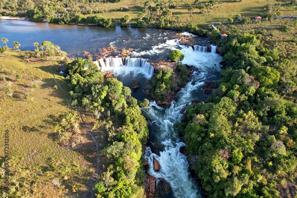 Aerial view of the Velha Waterfall in the Jalapao desert of Tocantins, Brazil.