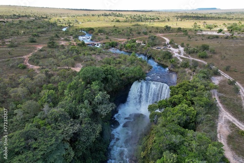 Aerial view of the Velha Waterfall in the Jalapao desert of Tocantins  Brazil.