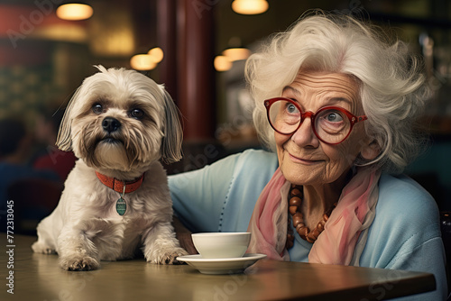 Lady with a dog. An elderly woman in a cafe. Generative AI