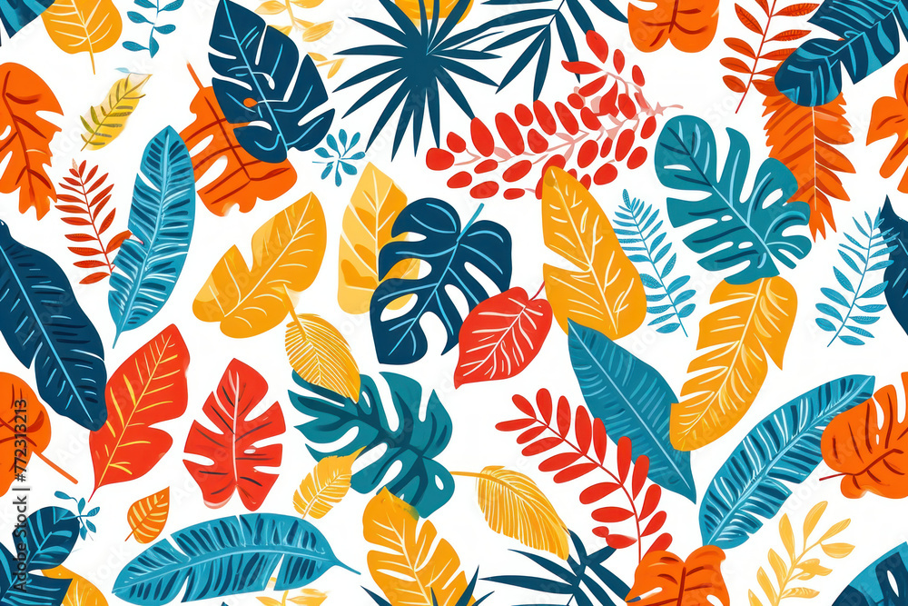 Colorful tropical leaves seamless pattern on white background illustration Colorful tropical leaves seamless pattern on white background illustration