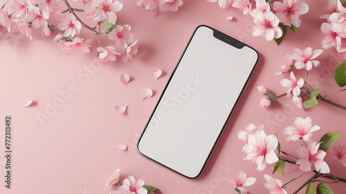 a phone with a blank screen on a pink background with flowers and leaves around it