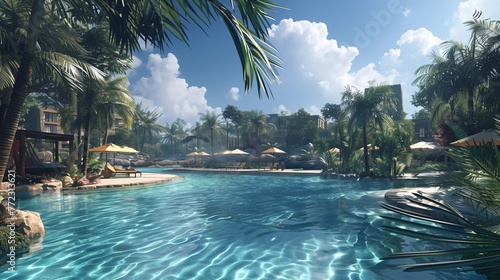 a large pool with a lot of palm trees and umbrellas in it and a sky background with clouds