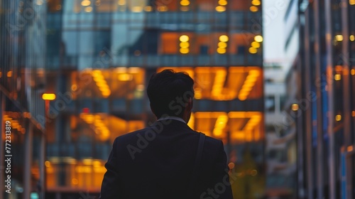a man in a suit looking at a building at night