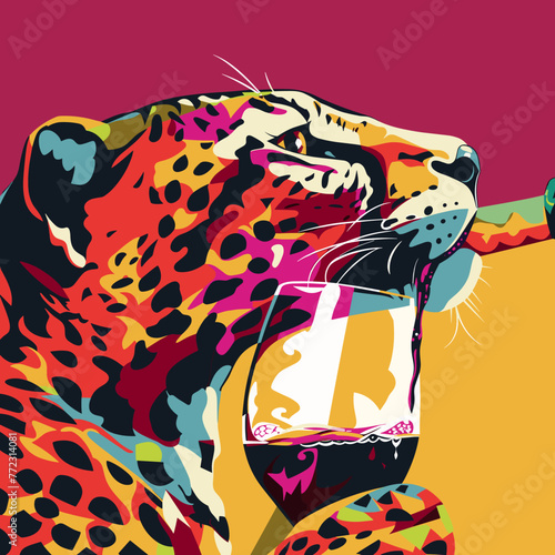 A colorful painting of a leopard drinking from a wine glass. The mood of the painting is playful and whimsical, as the leopard is depicted as enjoying a drink in a human-like manner