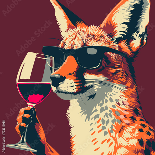 Vector illustration of a cheetah in sunglasses with a glass of red wine.