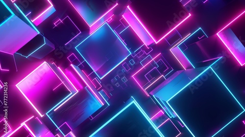 Neon Cubes and Glowing Lines in Futuristic Digital Space, Vibrant Abstract Background With Pink and Blue Light, Technology Art