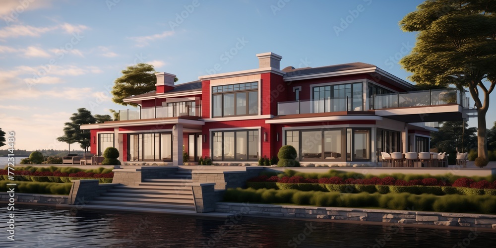 Bold ruby details enhancing the allure of a waterfront exterior, capturing the essence of seaside sophistication.
