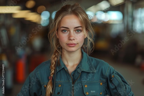 a young Caucasian female auto mechanic with blond hair braided in one braid, wearing overalls, stands against the backdrop of a blurred workshop