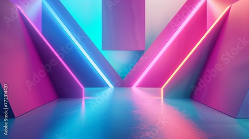 Futuristic Neon Light Background With Vibrant Pink and Blue Colors, Abstract Digital Space With Geometric Shapes and Reflection