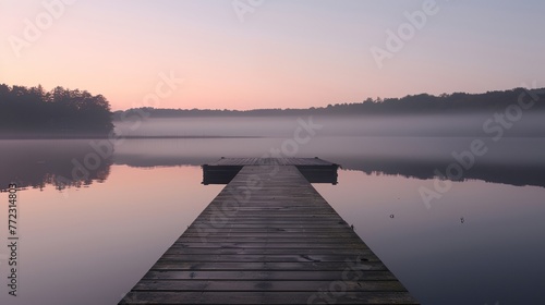 a dock on a lake with a foggy sky in the background and trees in the distance