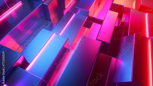 Abstract Neon Background With Vibrant Pink and Blue Rectangles, Futuristic Digital Space Featuring Glossy Surfaces and Reflections