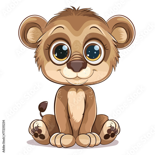 A cartoon lion cub is sitting on its haunches with its mouth open and its eyes wide. The lion cub is smiling and he is happy