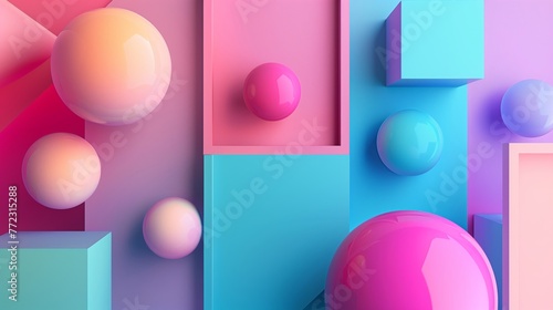 Colorful 3D Abstract Background With Glossy Spheres and Geometric Shapes, Pink and Blue Tones, Minimal Futuristic Digital Design